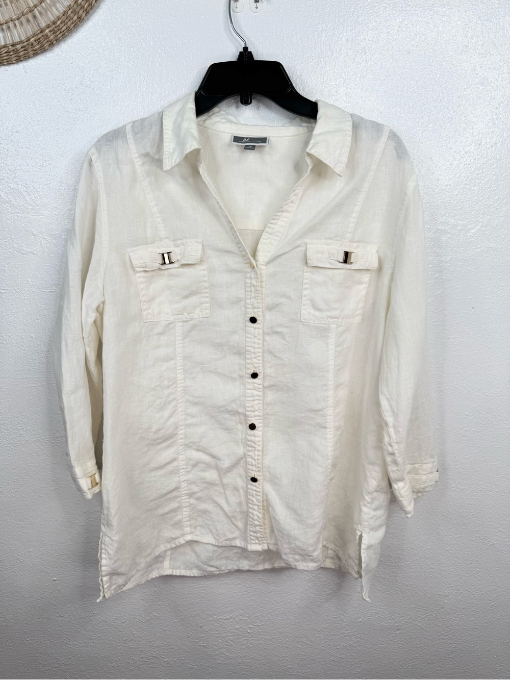 JM Collection Blouse Womens Size 14 Ivory Button-Front Collared 3/4 Sleeve